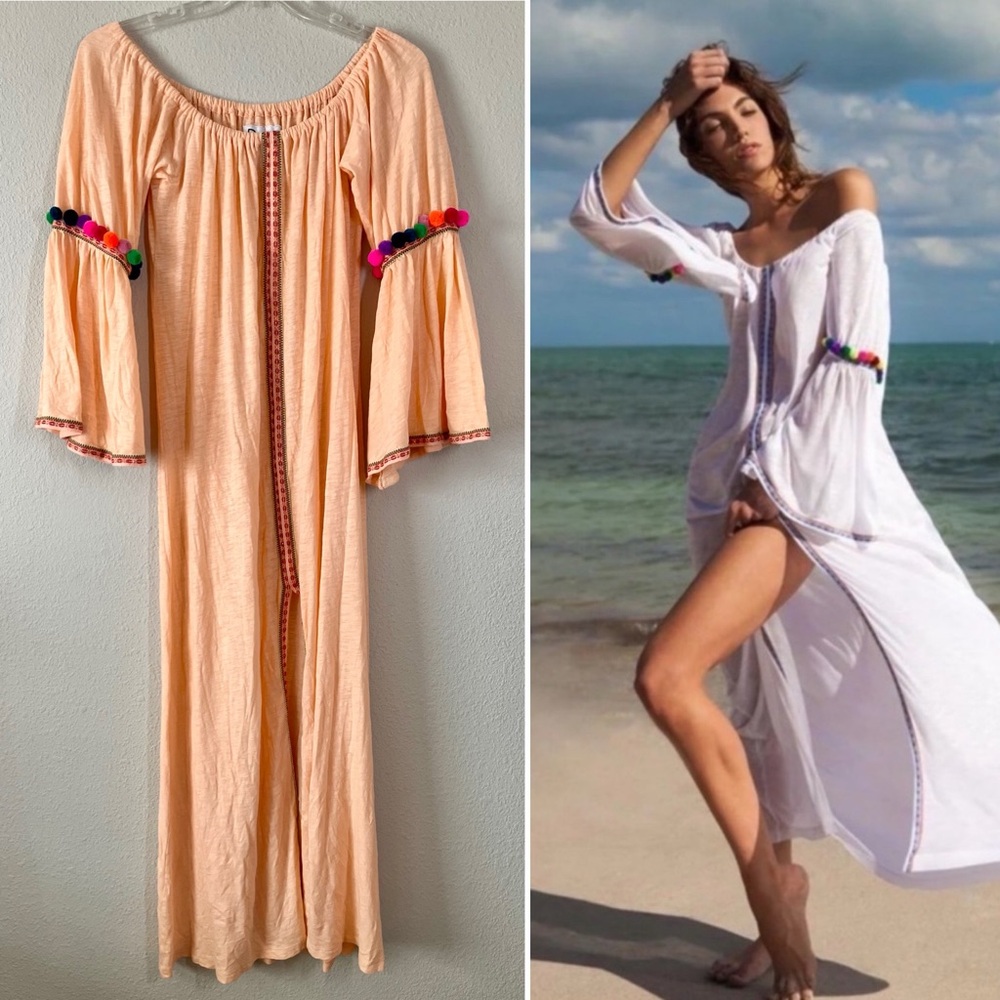 PITUSA Off-Shoulder Maxi Beach Dress Cover-Up Bell Sleeves Pom-Pom Boho Resort